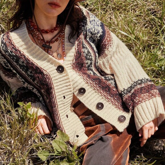 Apricot Boho Style Women's Geometric Striped Knitted Cardigan - Picture 1 of 5